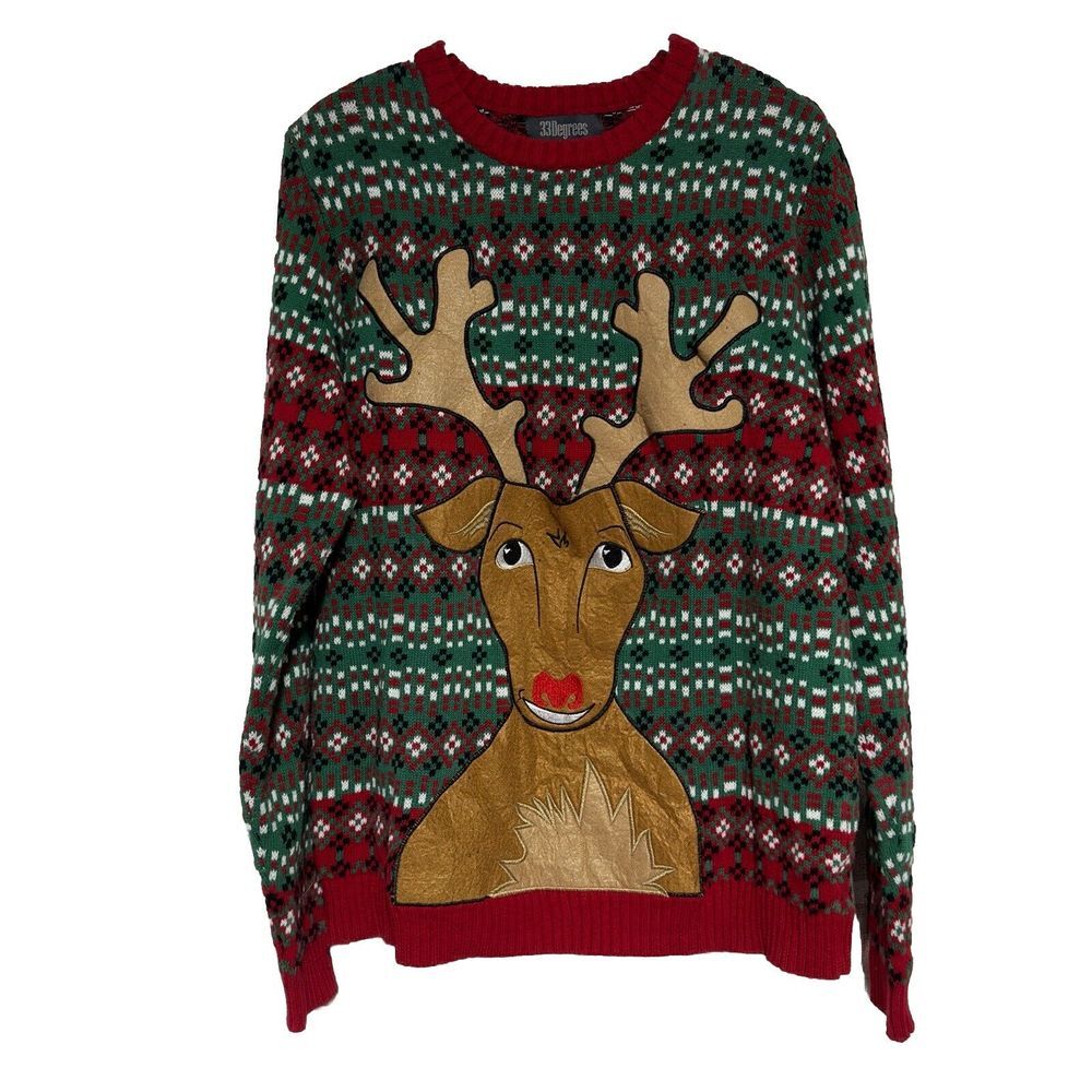 33 Degrees Reindeer Ugly Christmas Sweater Mens M Multicolor Holiday